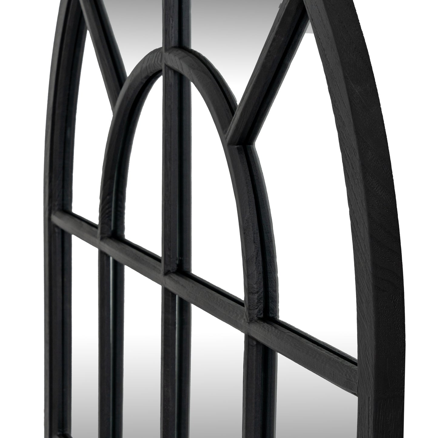 Black metal decorative frame with arch design on a white background