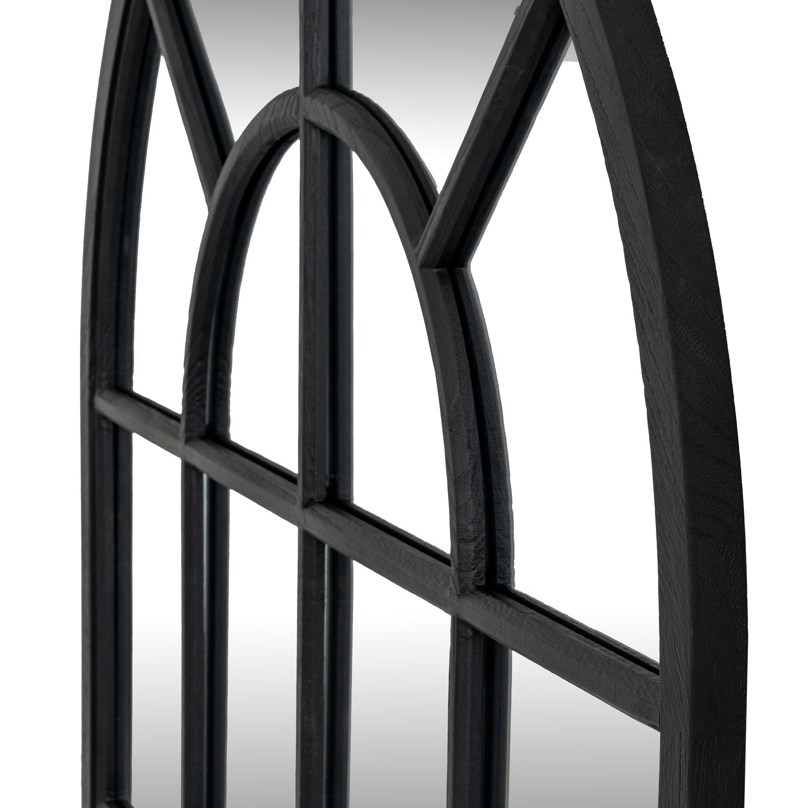 Black metal decorative frame with arch design on a white background