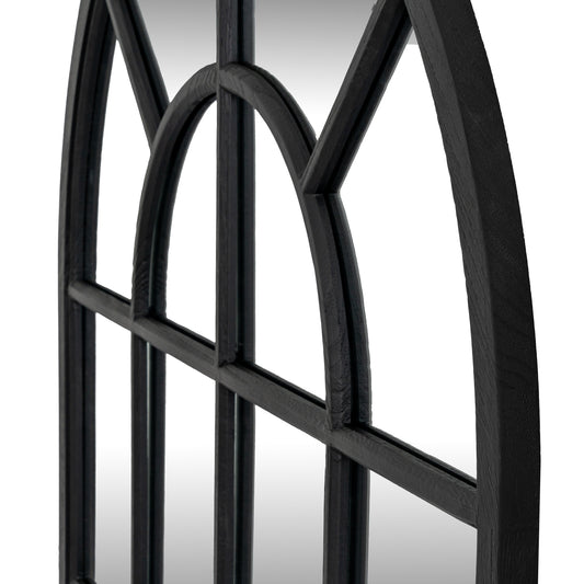Black metal decorative frame with arch design on a white background