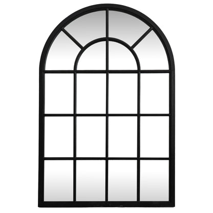 Arch-shaped window mirror with black frame on a white background