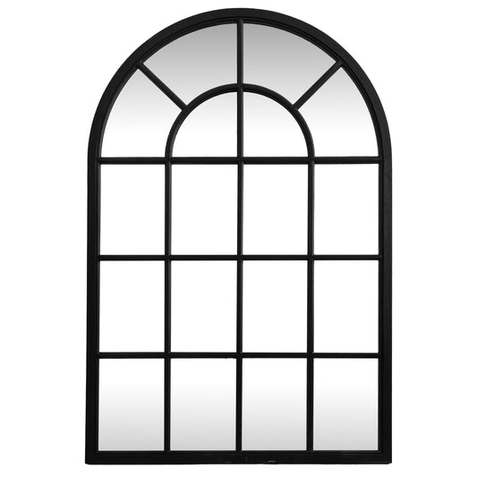 Arch-shaped window mirror with black frame on a white background
