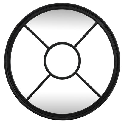 Round mirror with black frame on a white background