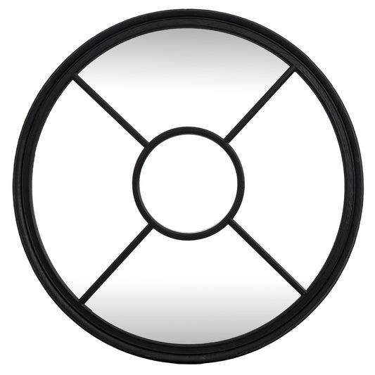 Round mirror with black frame on a white background