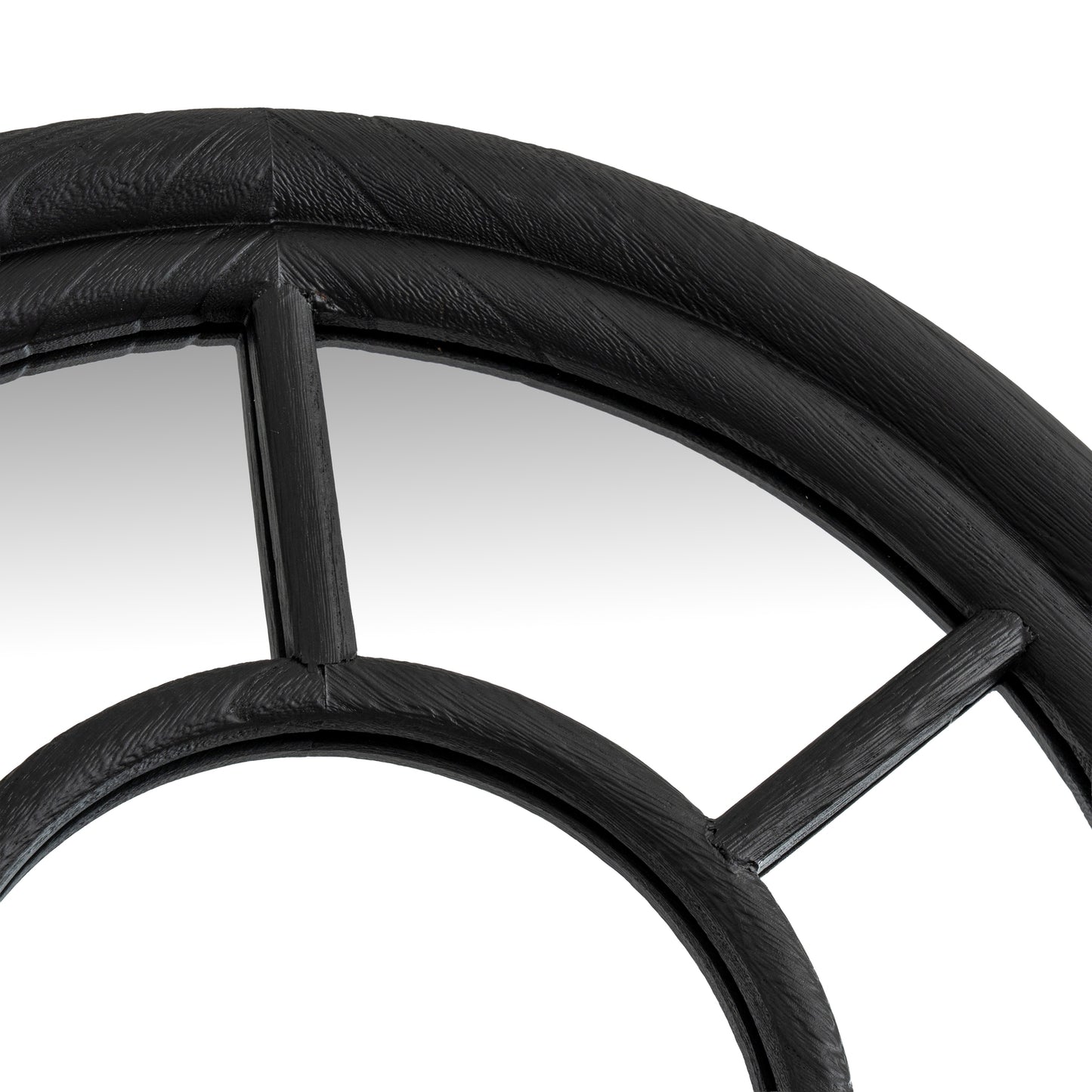 Close-up of a black metal wheel with spokes on a white background