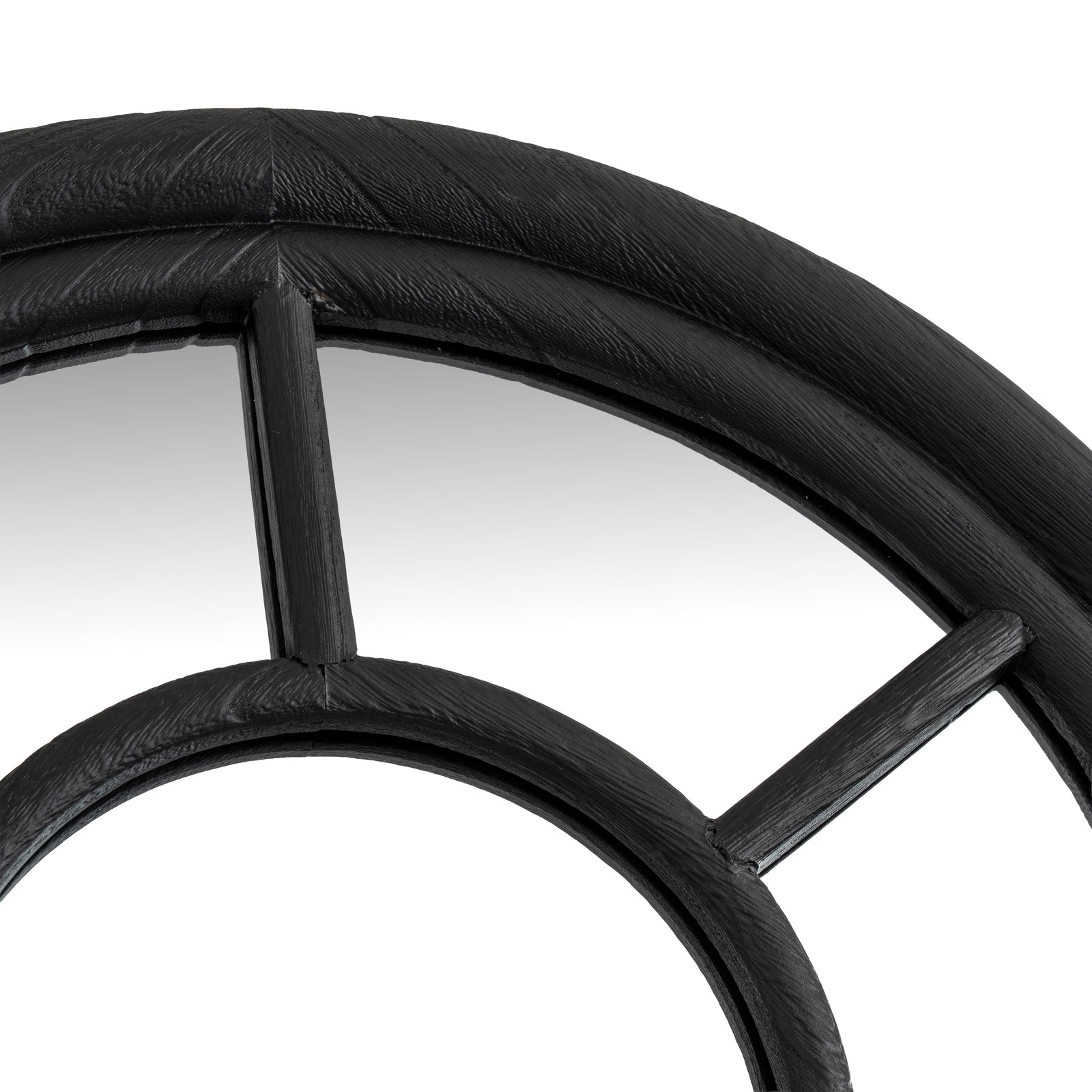 Close-up of a black metal wheel with spokes on a white background