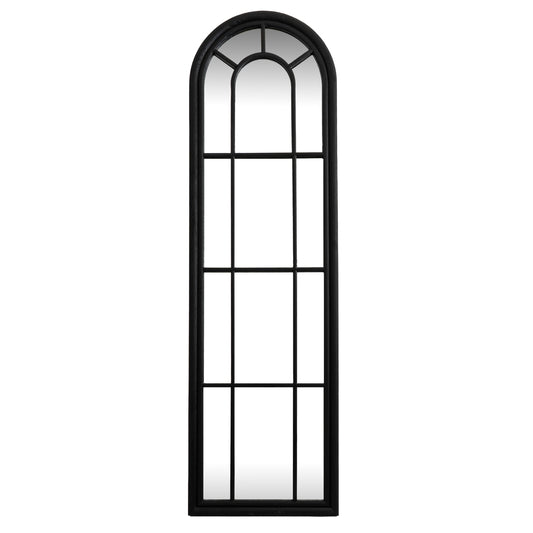 Arched window-style mirror with black frame on a white background
