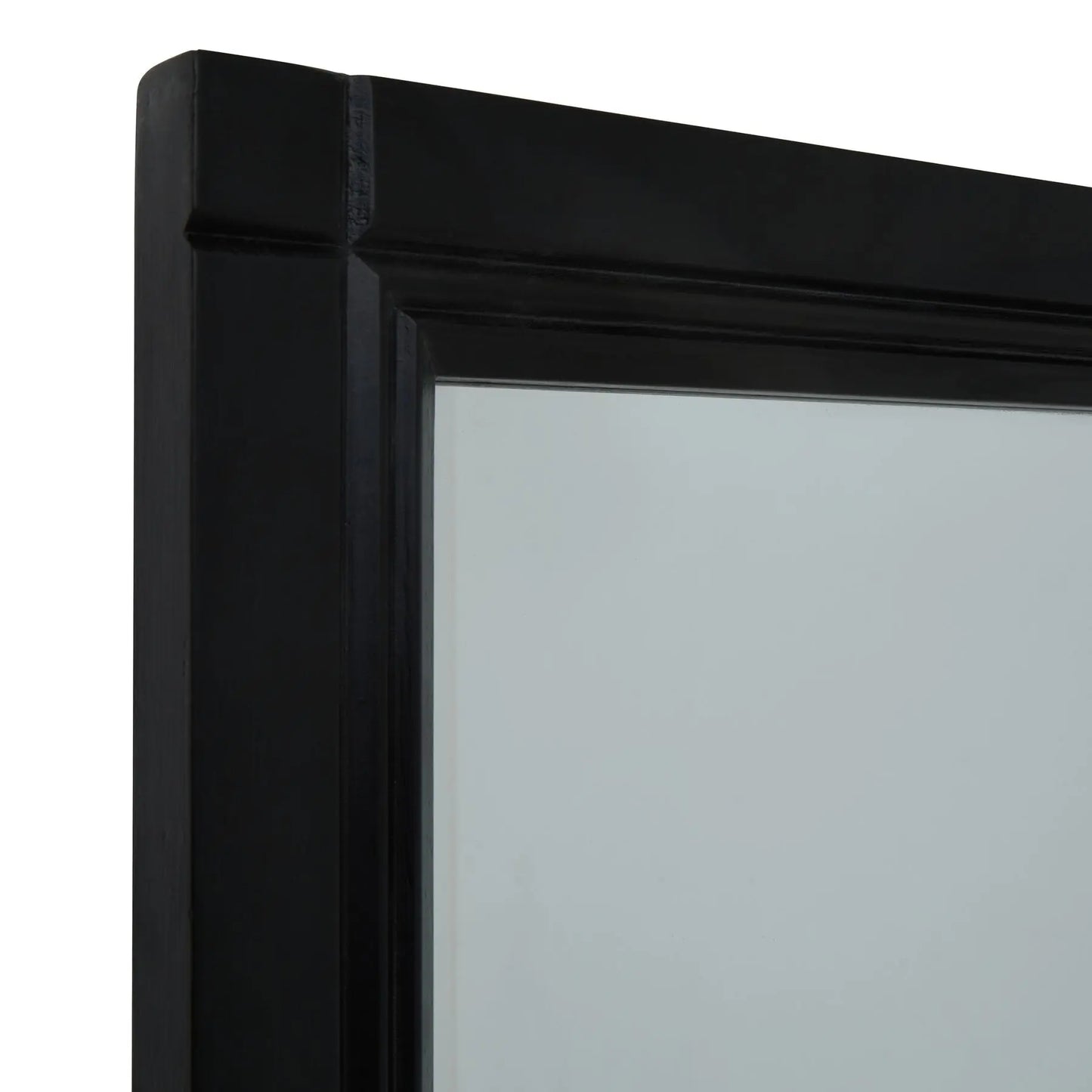Close-up of a black framed mirror corner on a white background
