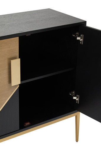 Black and wood furniture with open drawer on a white background