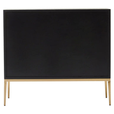 Black cabinet with gold legs on a white background
