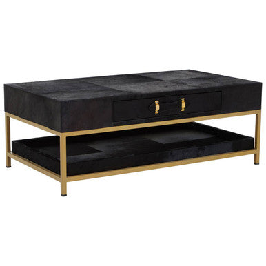 Black coffee table with gold accents on a white background