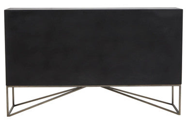 Black rectangular console table with metal legs on a white background
