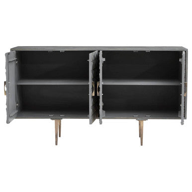 Black sideboard with open doors on a white background