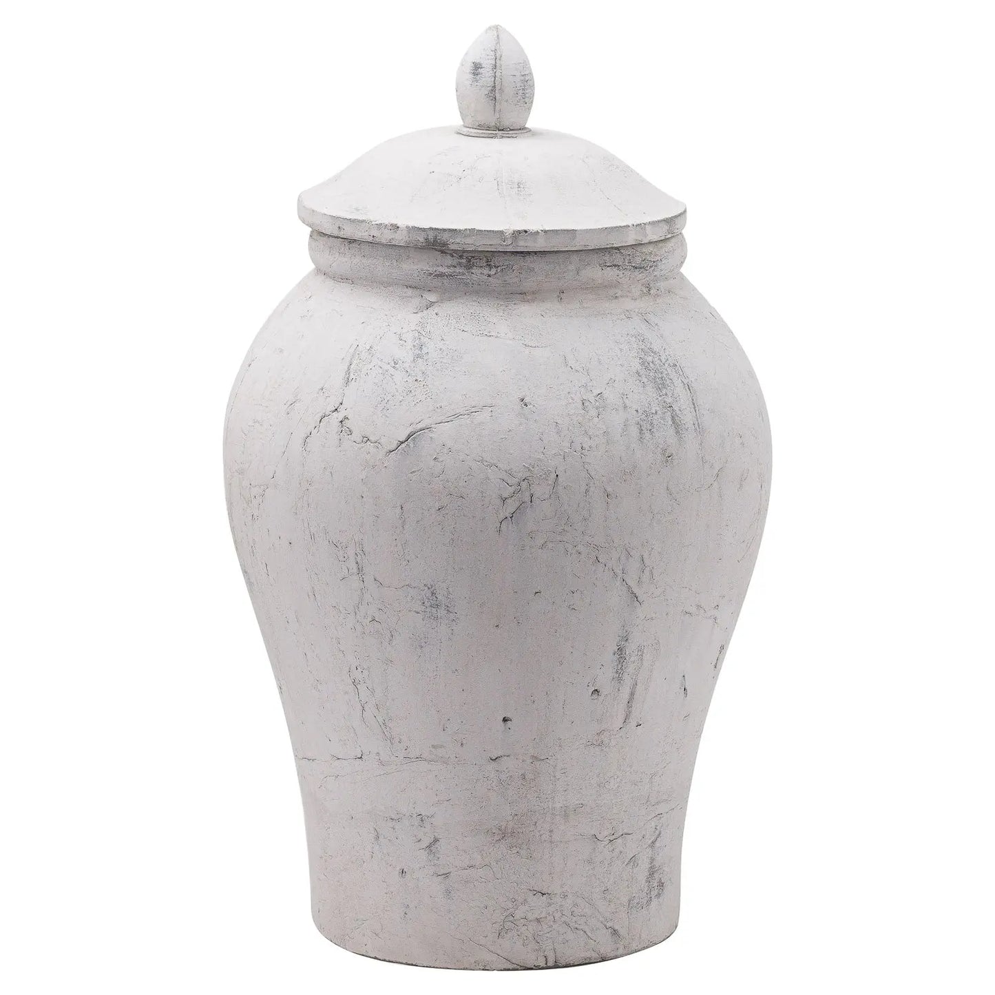 White textured urn with a lid on a white background