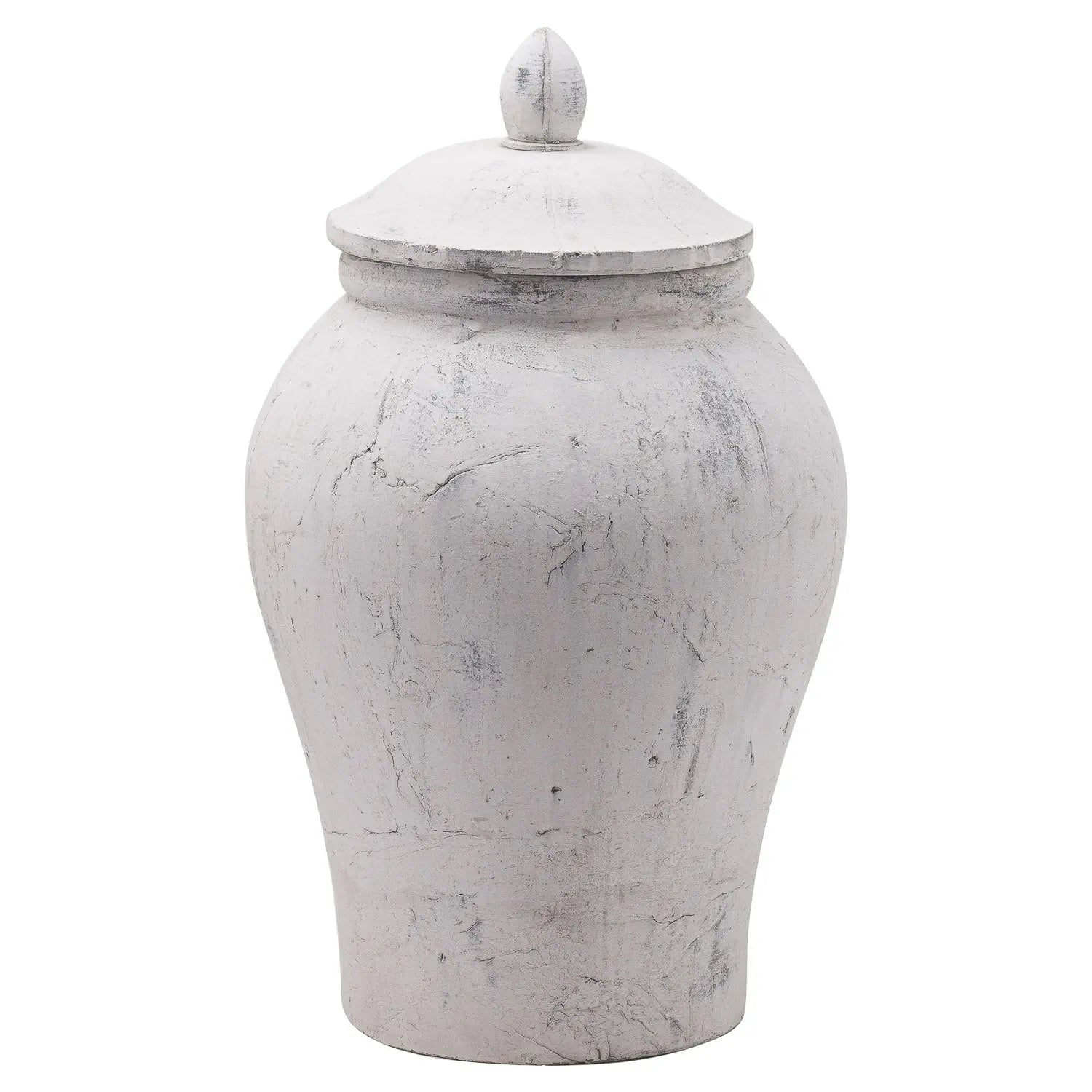 White textured urn with a lid on a white background
