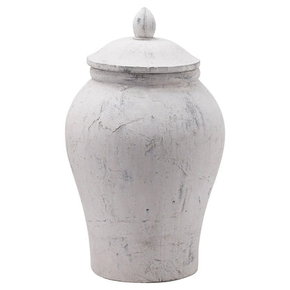 White textured urn with a lid on a white background