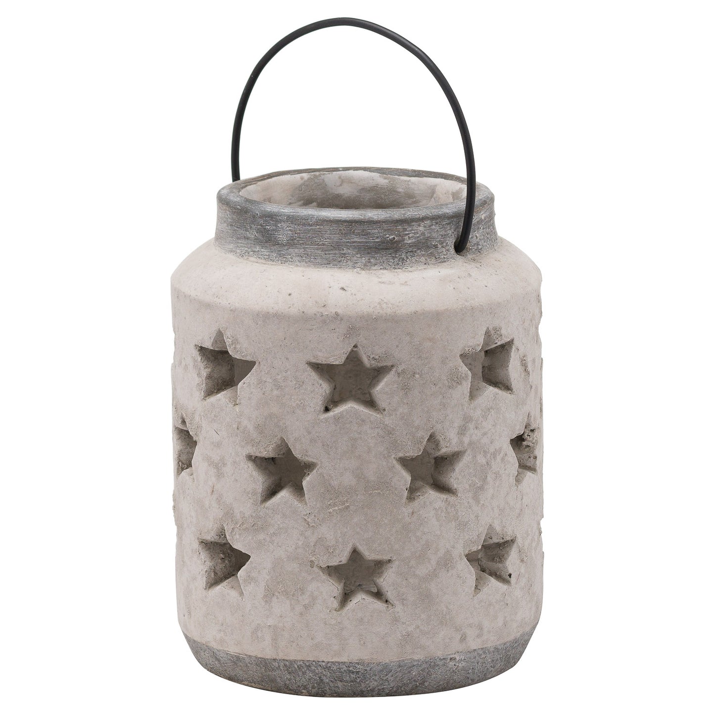 Cement lantern with star patterns and a black handle on a white background