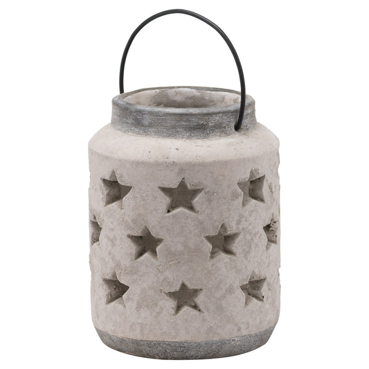 Cement lantern with star patterns and a black handle on a white background