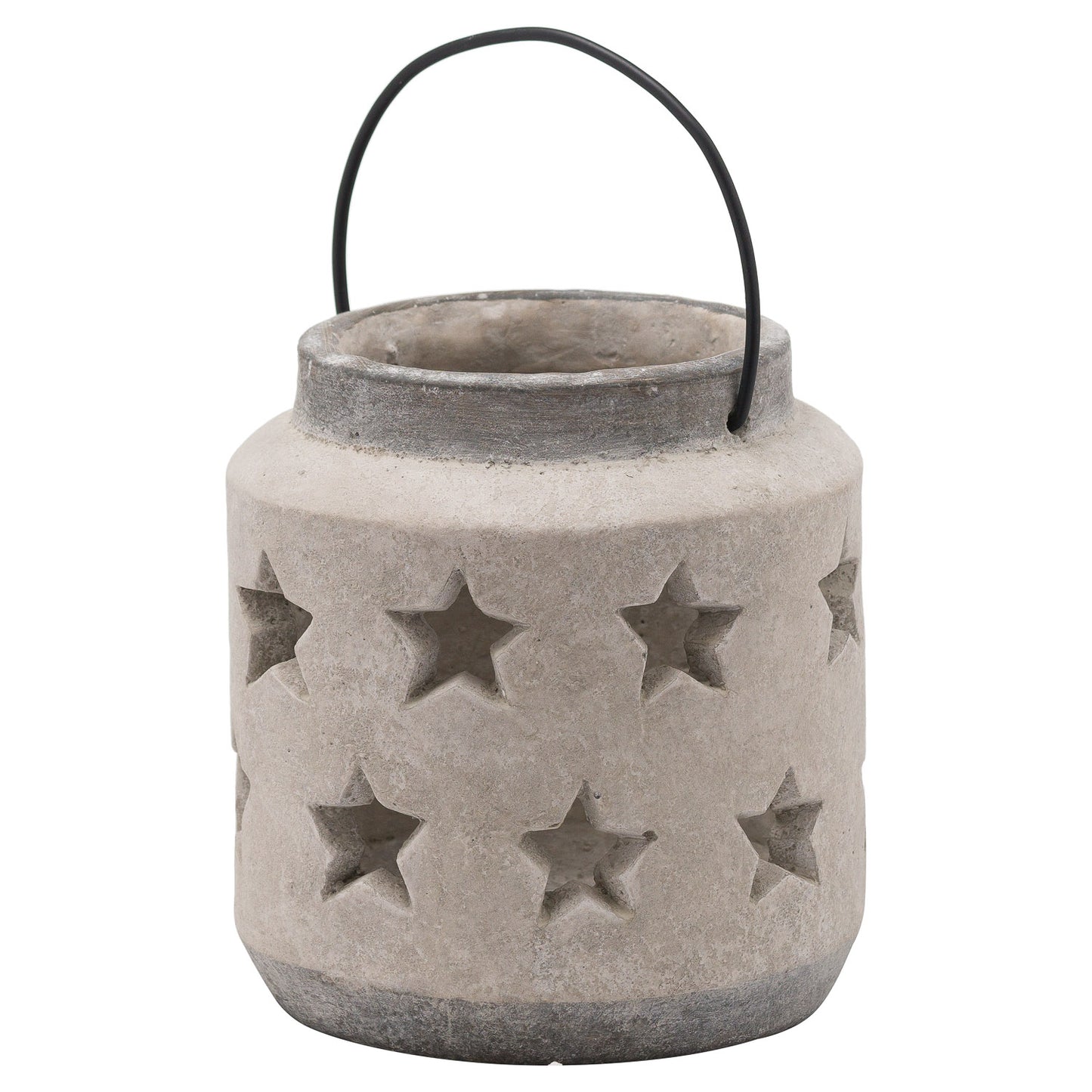 Cement lantern with star patterns and a black handle on a white background