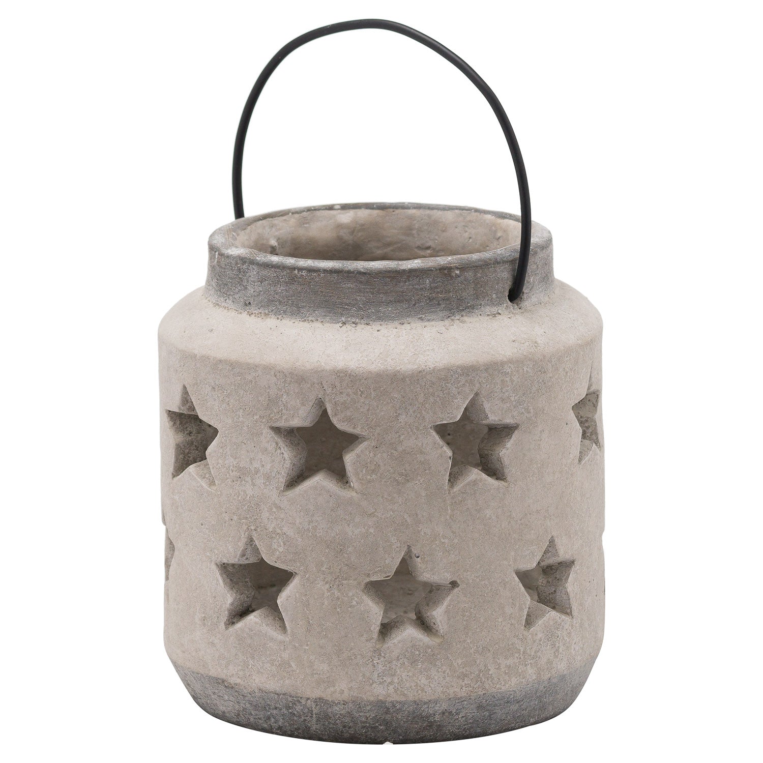 Cement lantern with star patterns and a black handle on a white background