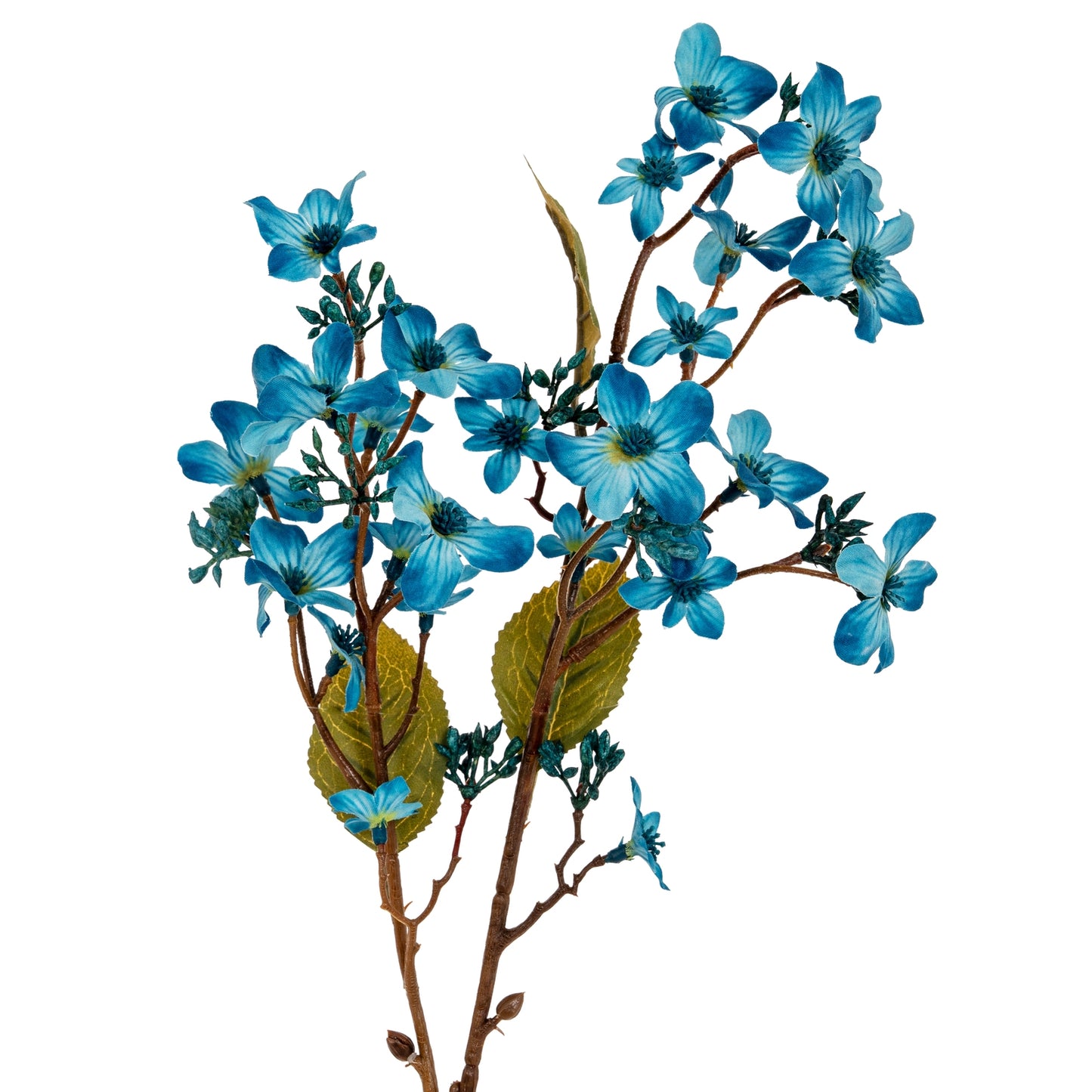 Artificial blue flower branch on a white background