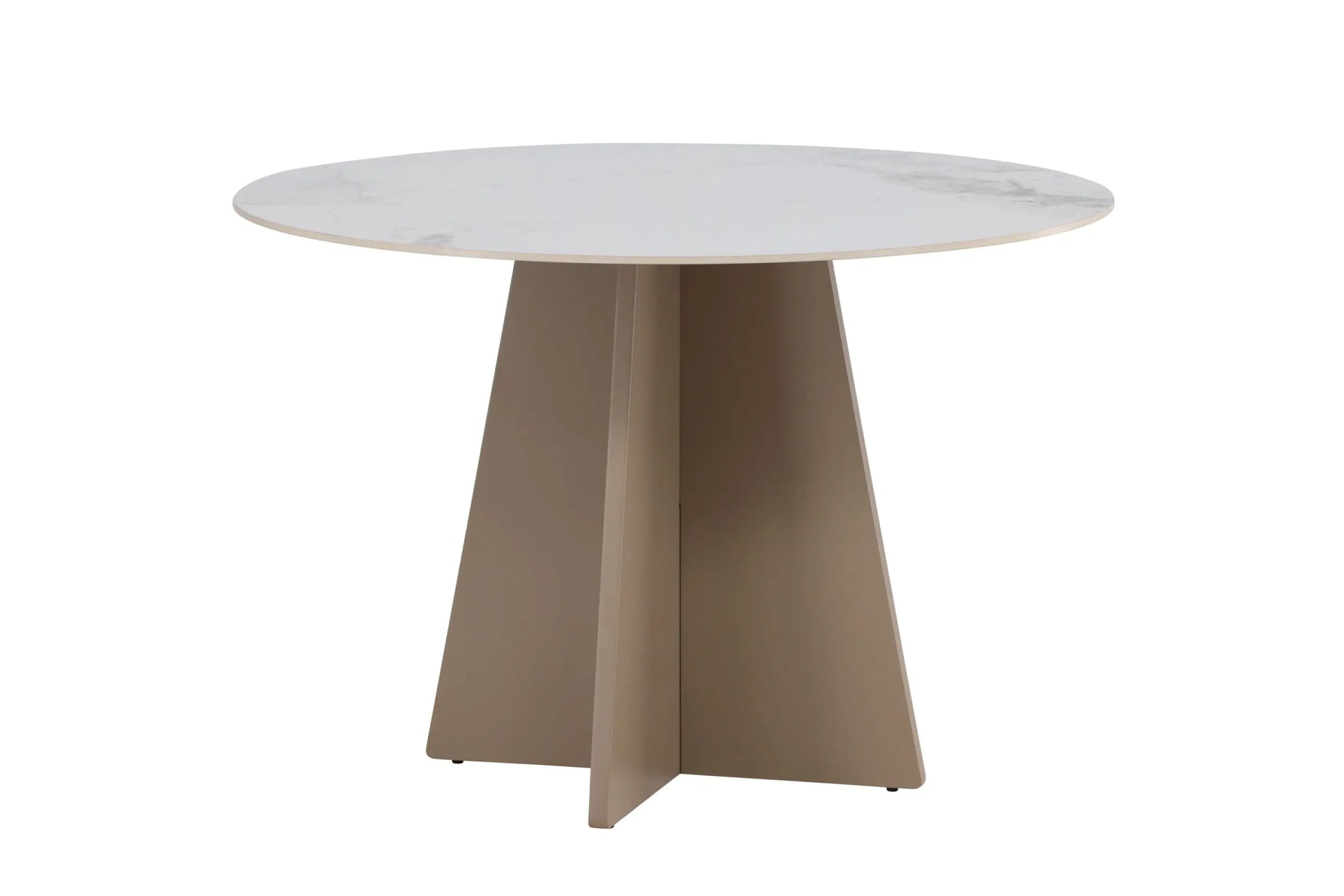 Round table with a white top and beige base on a white background