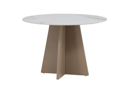 Round table with a white top and beige base on a white background