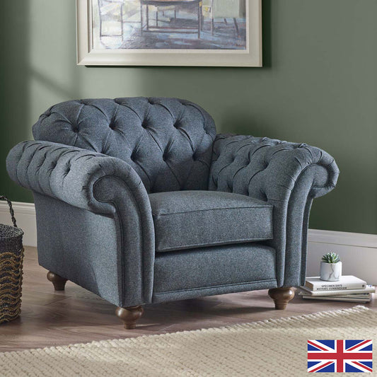 luxury Bordeaux Button Back Blue Fabric Armchair