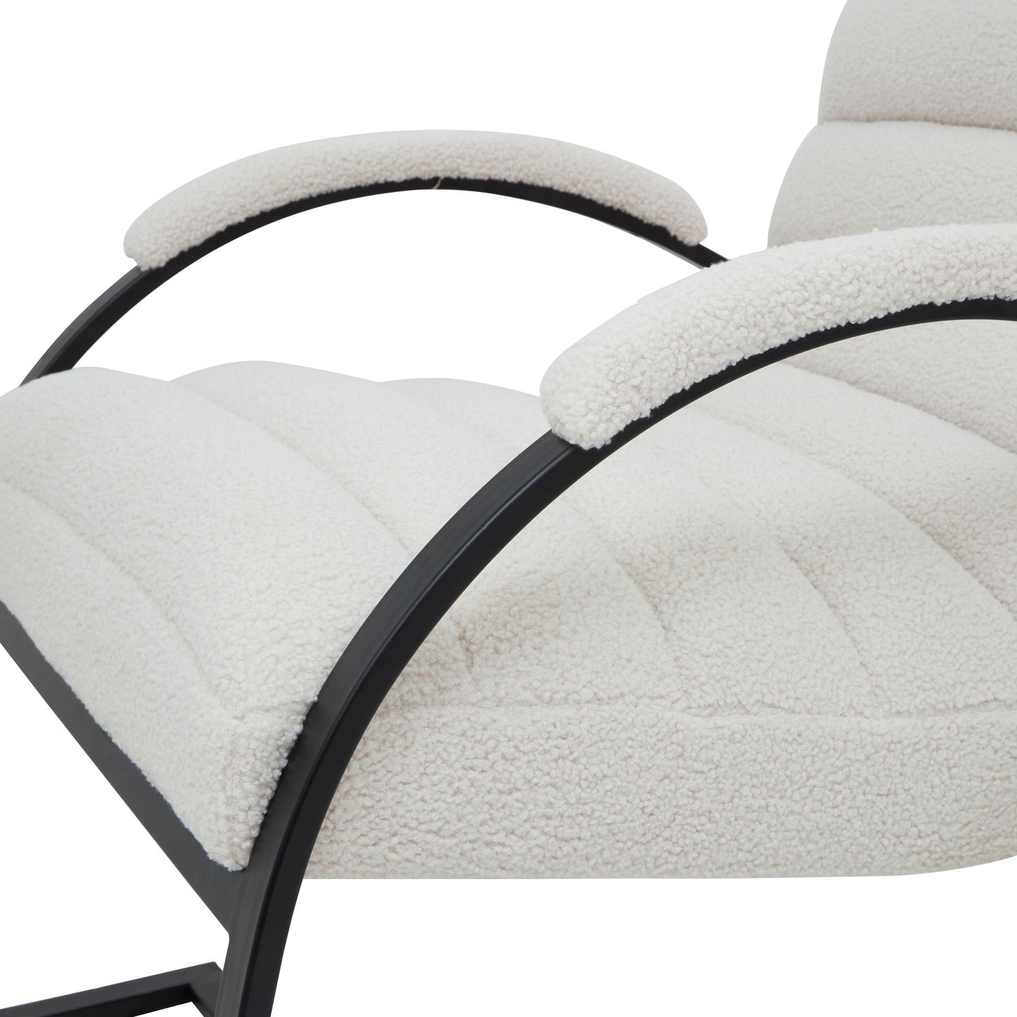 Close-up of a modern chair with white cushioned backrest and black metal frame on a white background.