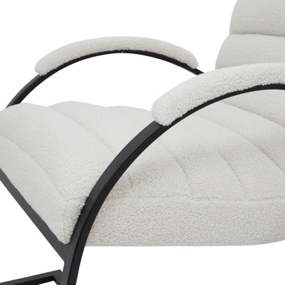 Close-up of a modern chair with white cushioned backrest and black metal frame on a white background.
