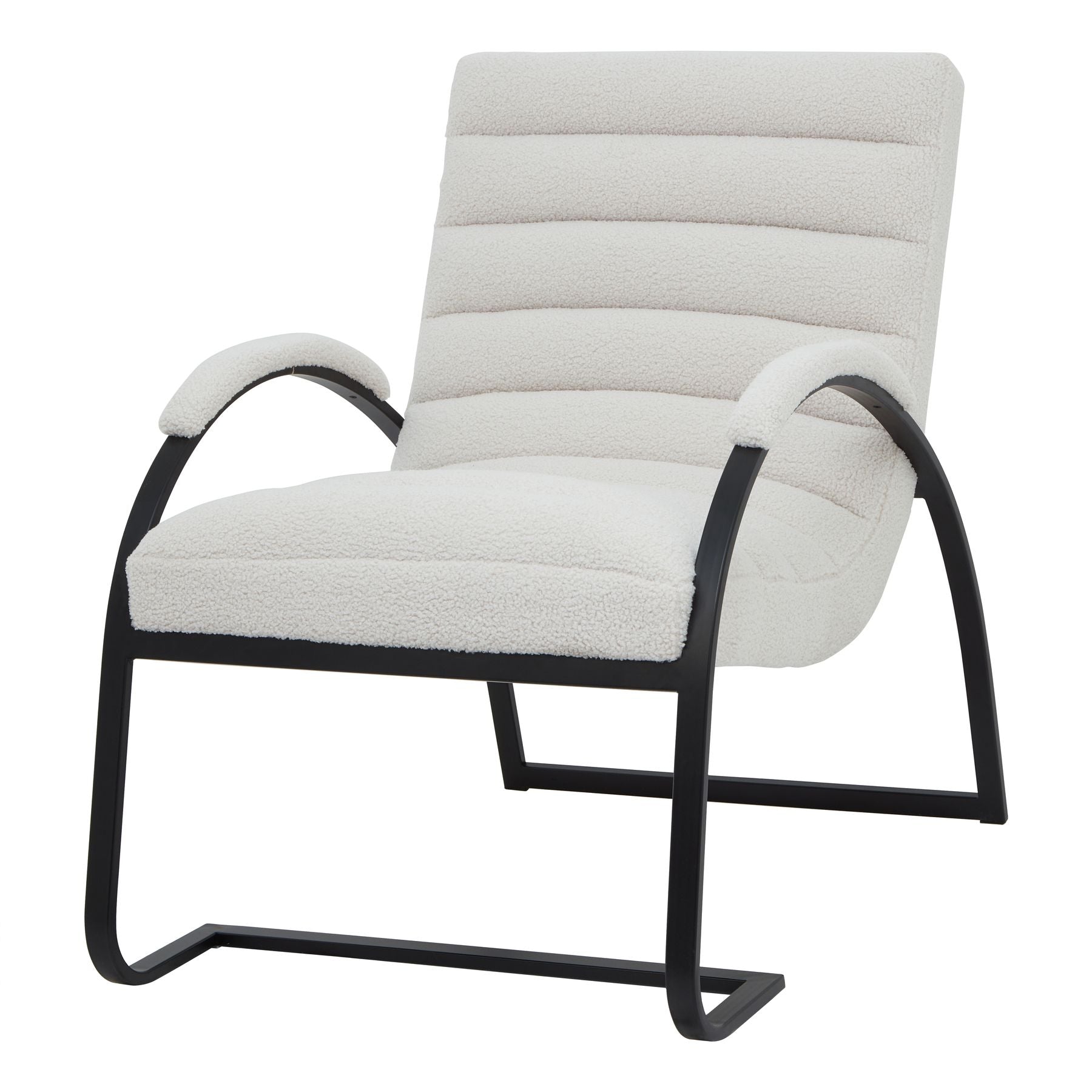 White upholstered chair with black metal frame on a white background