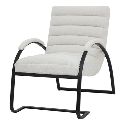 White upholstered chair with black metal frame on a white background