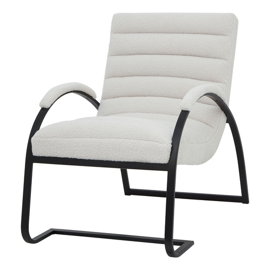 White upholstered chair with black metal frame on a white background