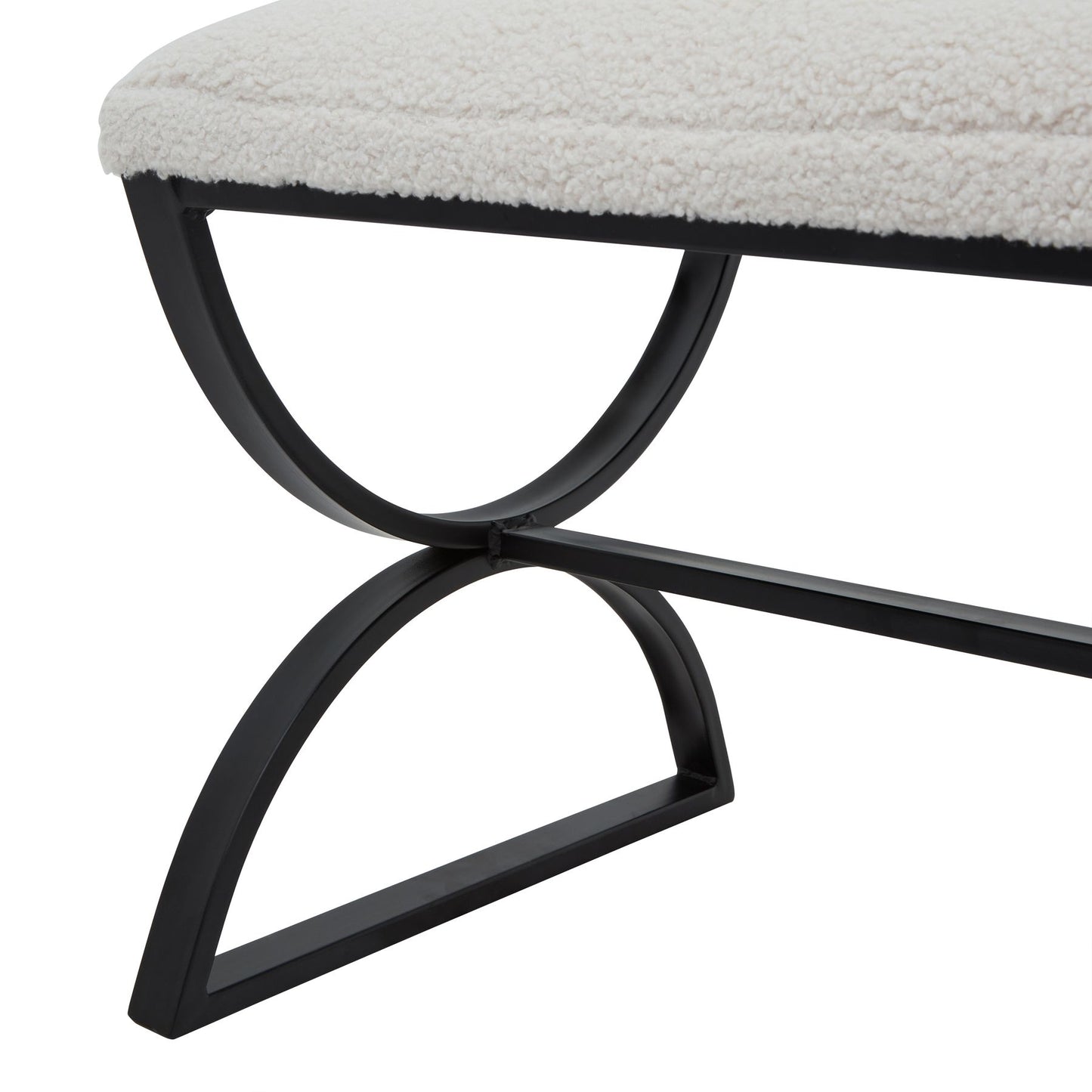Close-up of a bench with a black metal frame and white cushioned seat on a white background