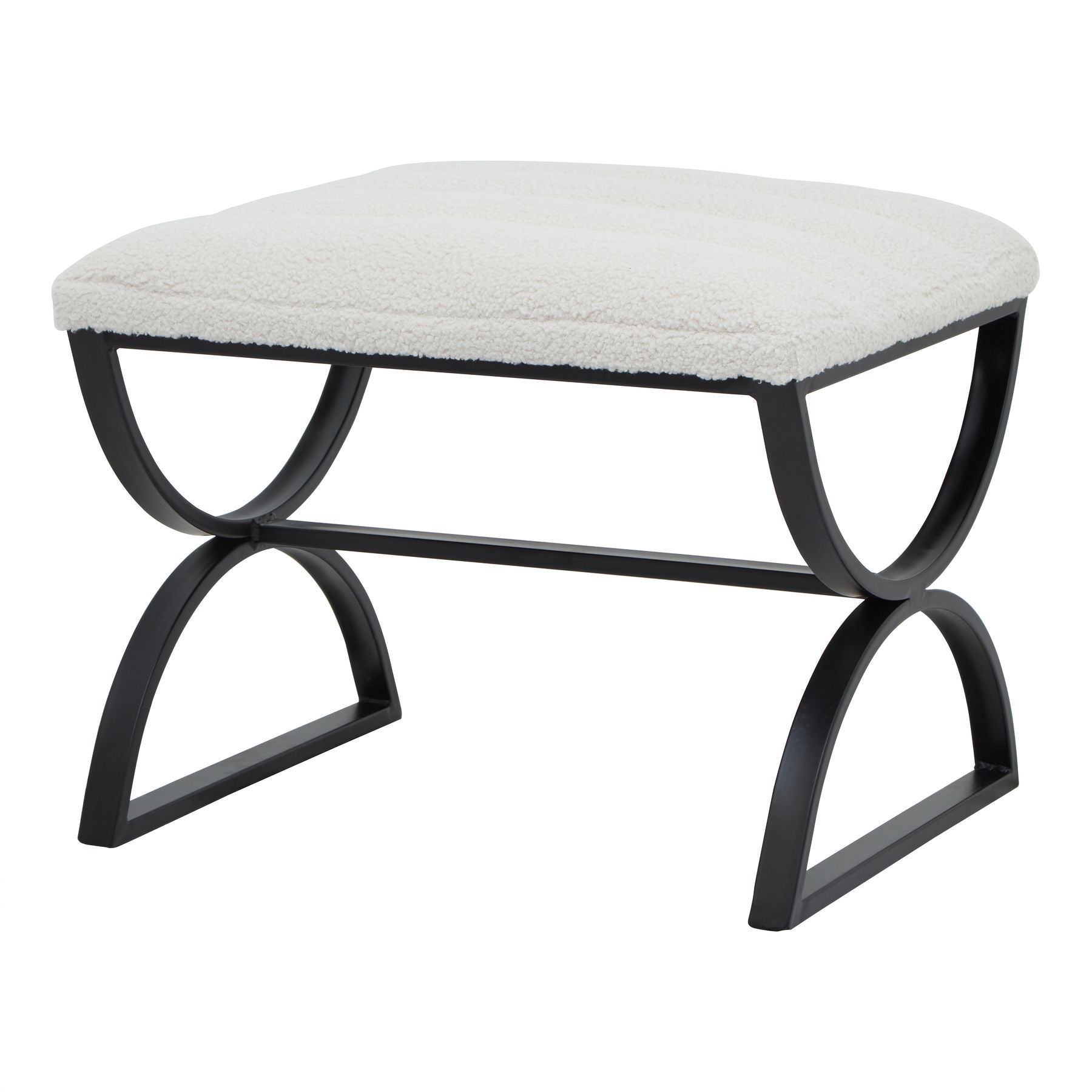 Stool with white cushioned top and black metal frame on a white background