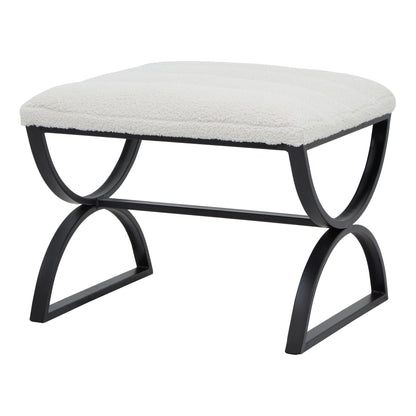 Stool with white cushioned top and black metal frame on a white background