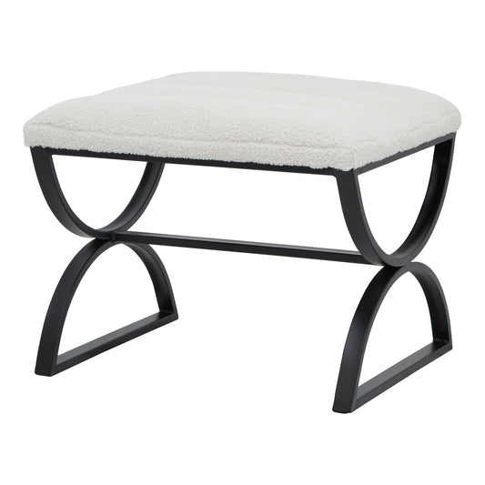 Stool with white cushioned top and black metal frame on a white background