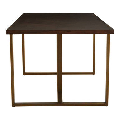 Square table with a dark brown top and bronze metal frame on a white background
