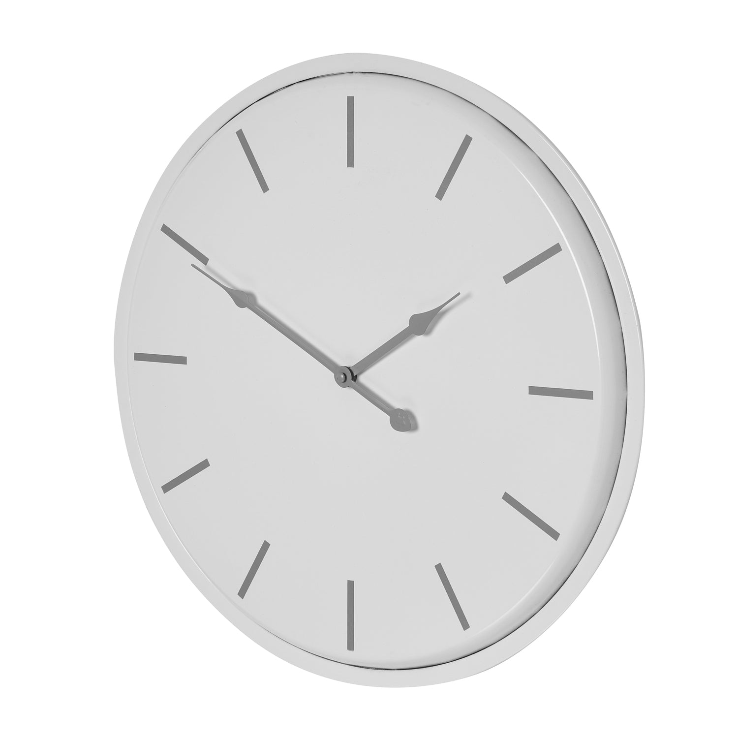White wall clock with black hour markers on a white background