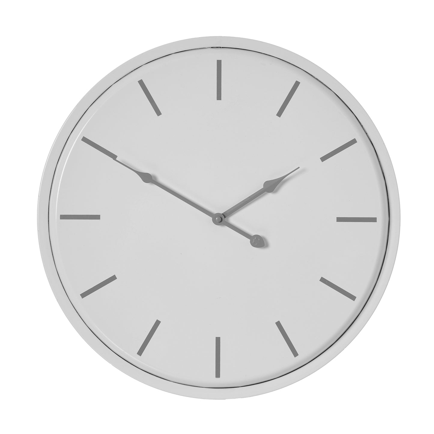 Round wall clock with a white face and silver frame on a white background