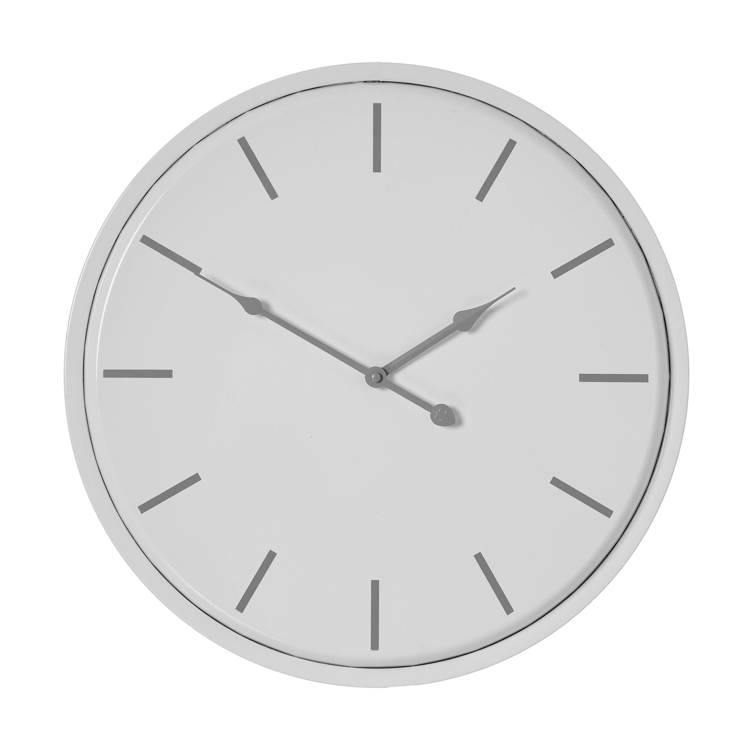 Round wall clock with a white face and silver frame on a white background