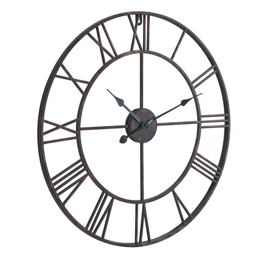 Large round wall clock with Roman numeral markers on a white background