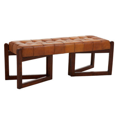 Brown leather bench with wooden frame on a white background