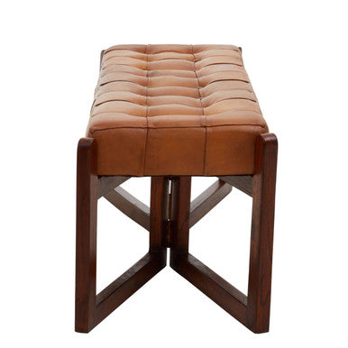 Brown cushioned stool with wooden frame on a white background