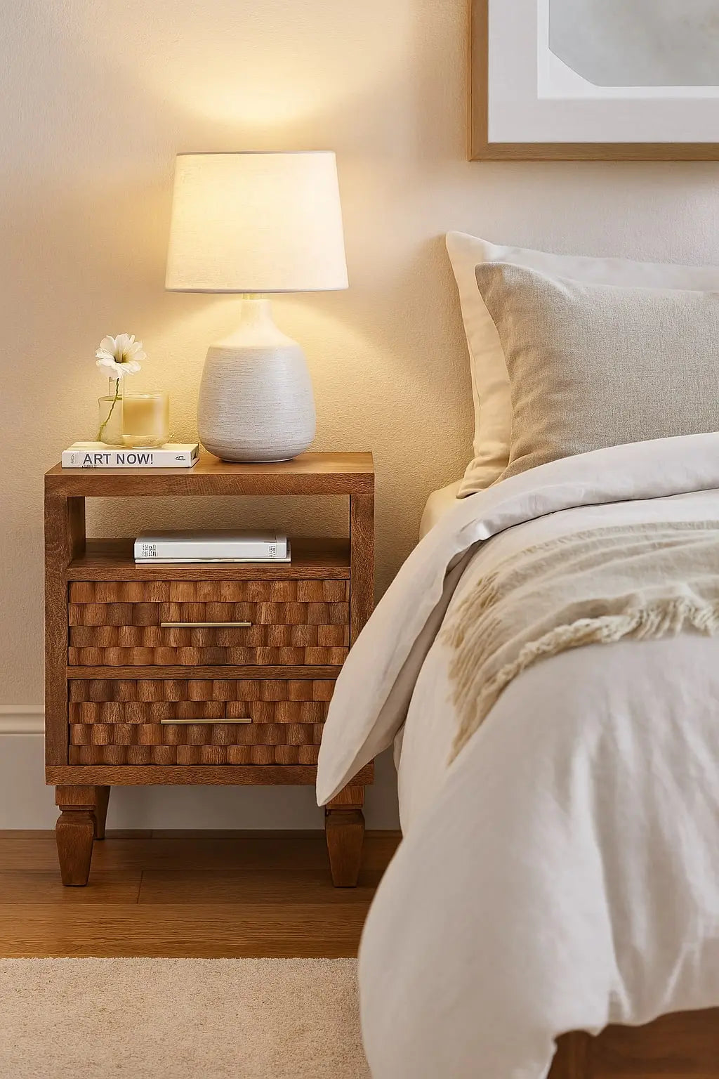 Wooden nightstand with lamp and books next to a bed with white bedding.