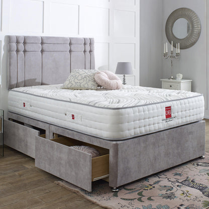 Gray upholstered bed with white mattress in a bedroom setting