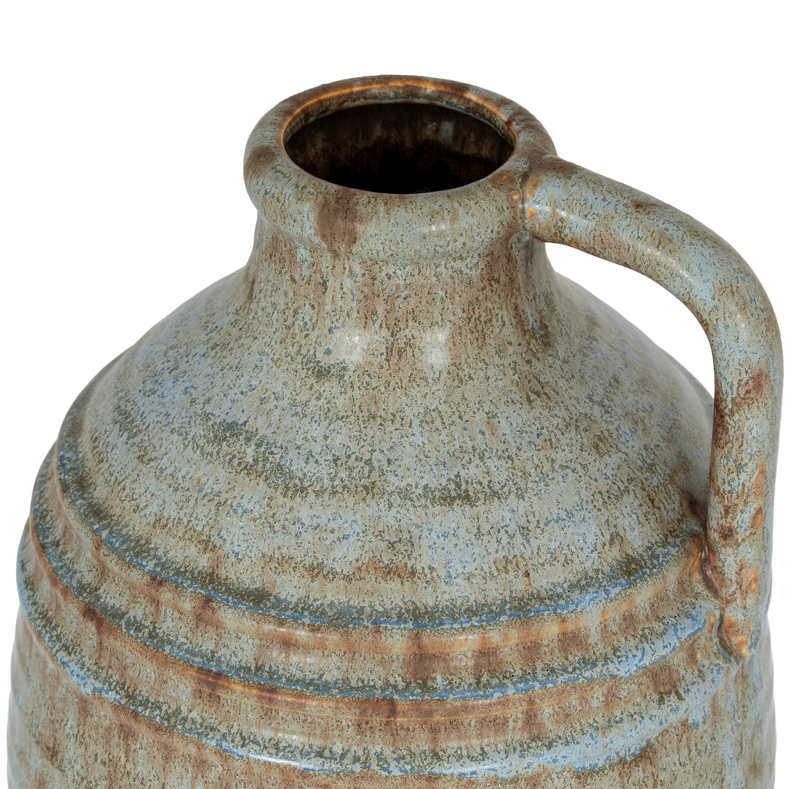 Rustic, vintage-style ceramic pitcher with a handle on a white background