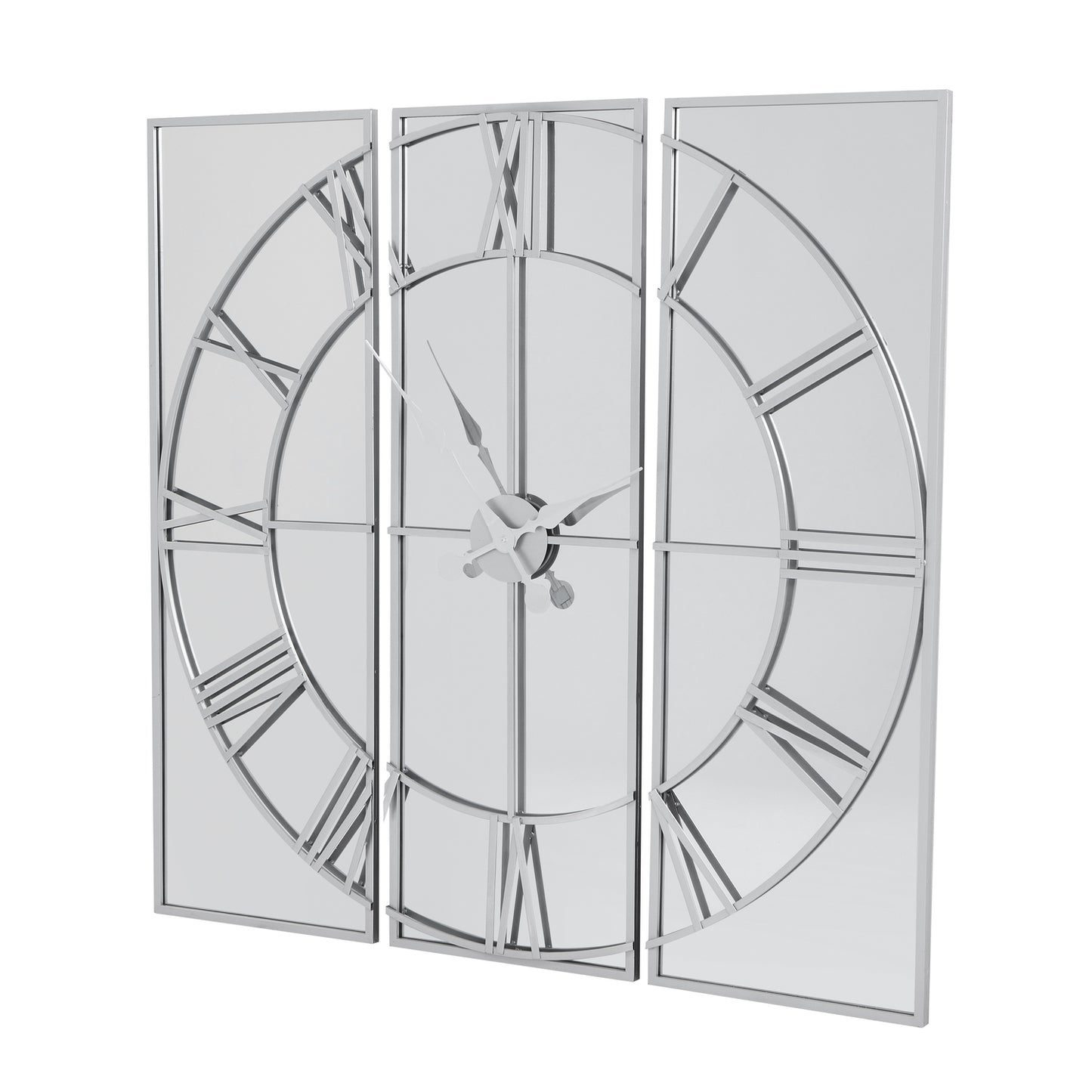 Triptych wall clock with glass panels on a white background