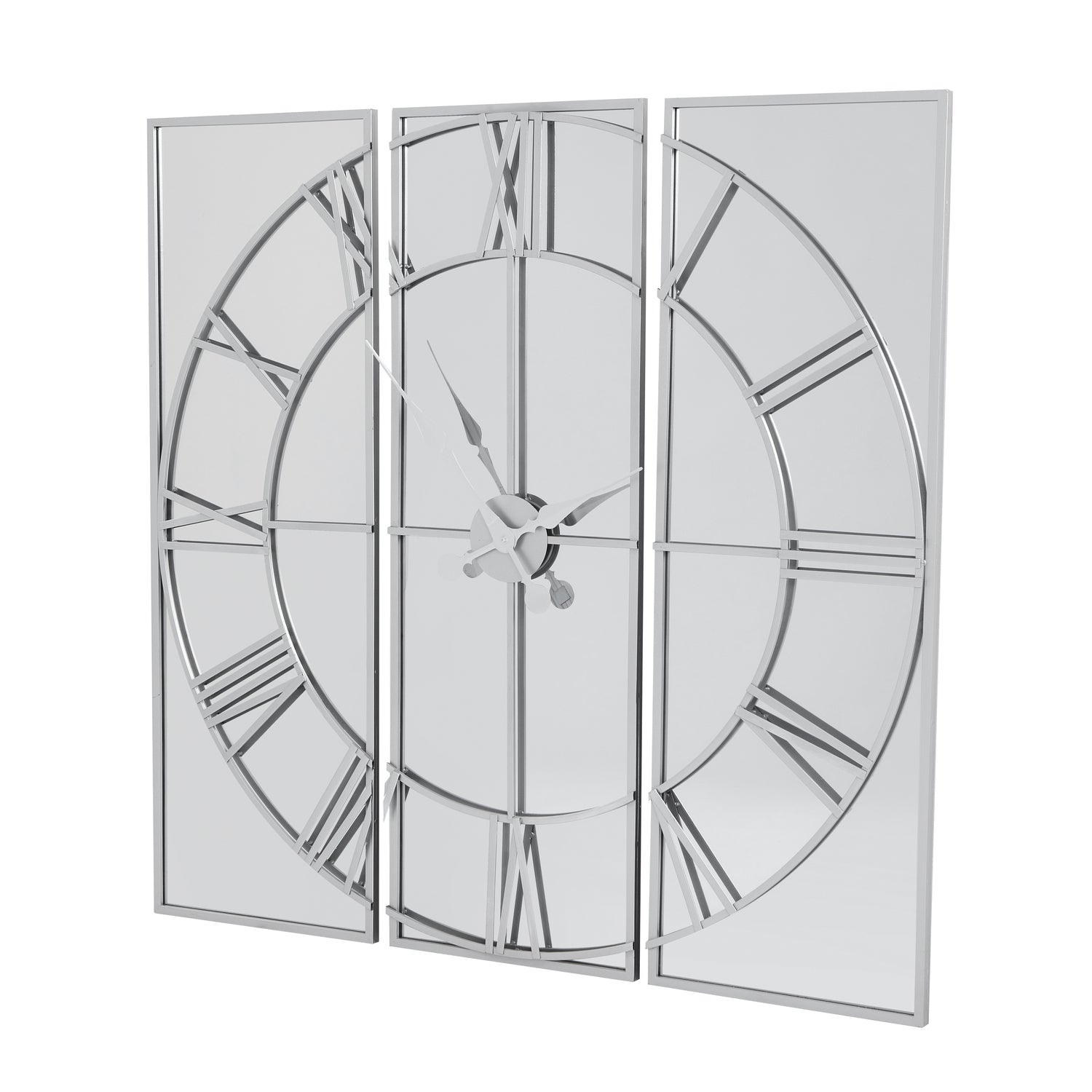 Triptych wall clock with glass panels on a white background