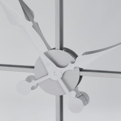 Ceiling fan with metallic blades against a light gray background