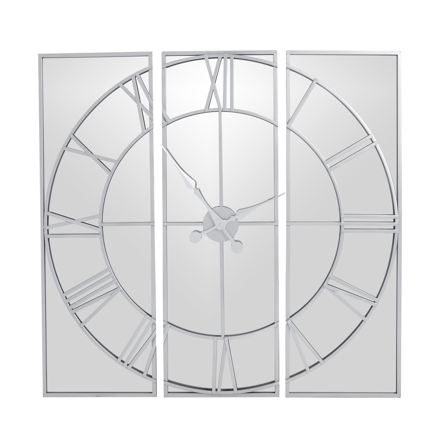 Set of three decorative wall mirrors with clock design on a white background
